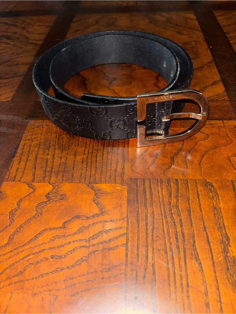 Gucci Black Embossed Leather Belt with Brushed Metal Buckle